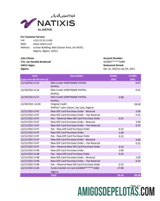 Modelo de extrato bancário para impressão da Argélia Natixis Algerie em formato Excel e PDF